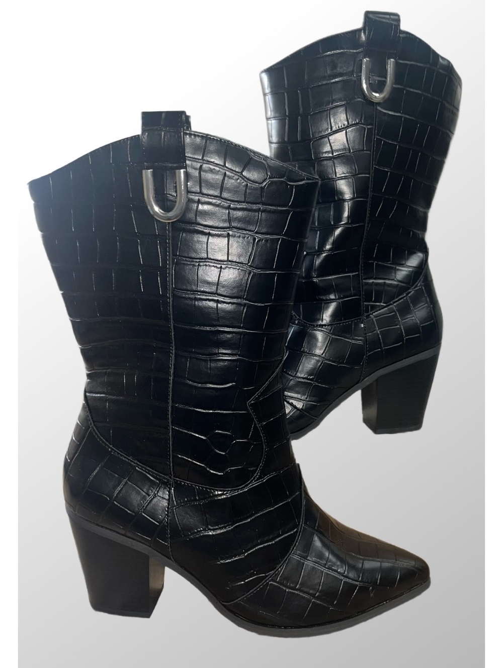 Cato C Comfort Crocodile Cowboy Black Boots Mid-Calf Faux Leather Mid Zip 8W